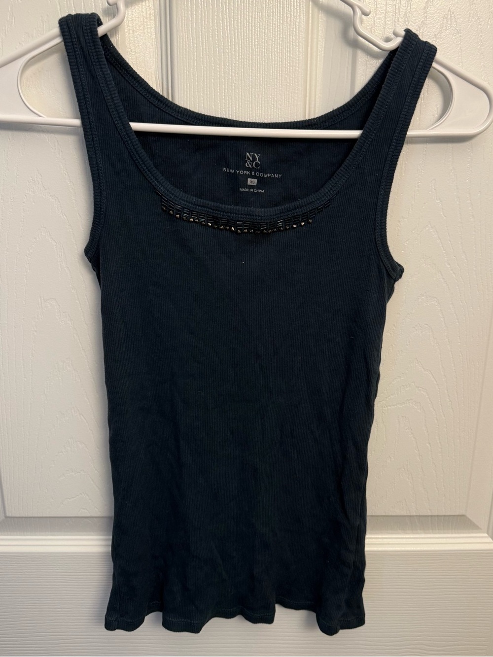 NY&Co Ribbed Tank Top Navy Blue Beaded Neckline Sleeveless XS
